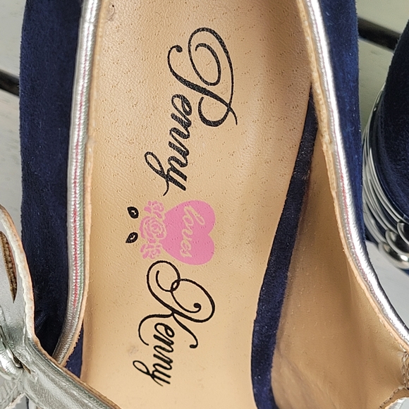 Penny Loves Kenny Requium Size 8 Navy/Silver Block Heel Almond Toe Retro Feel - Picture 6 of 10